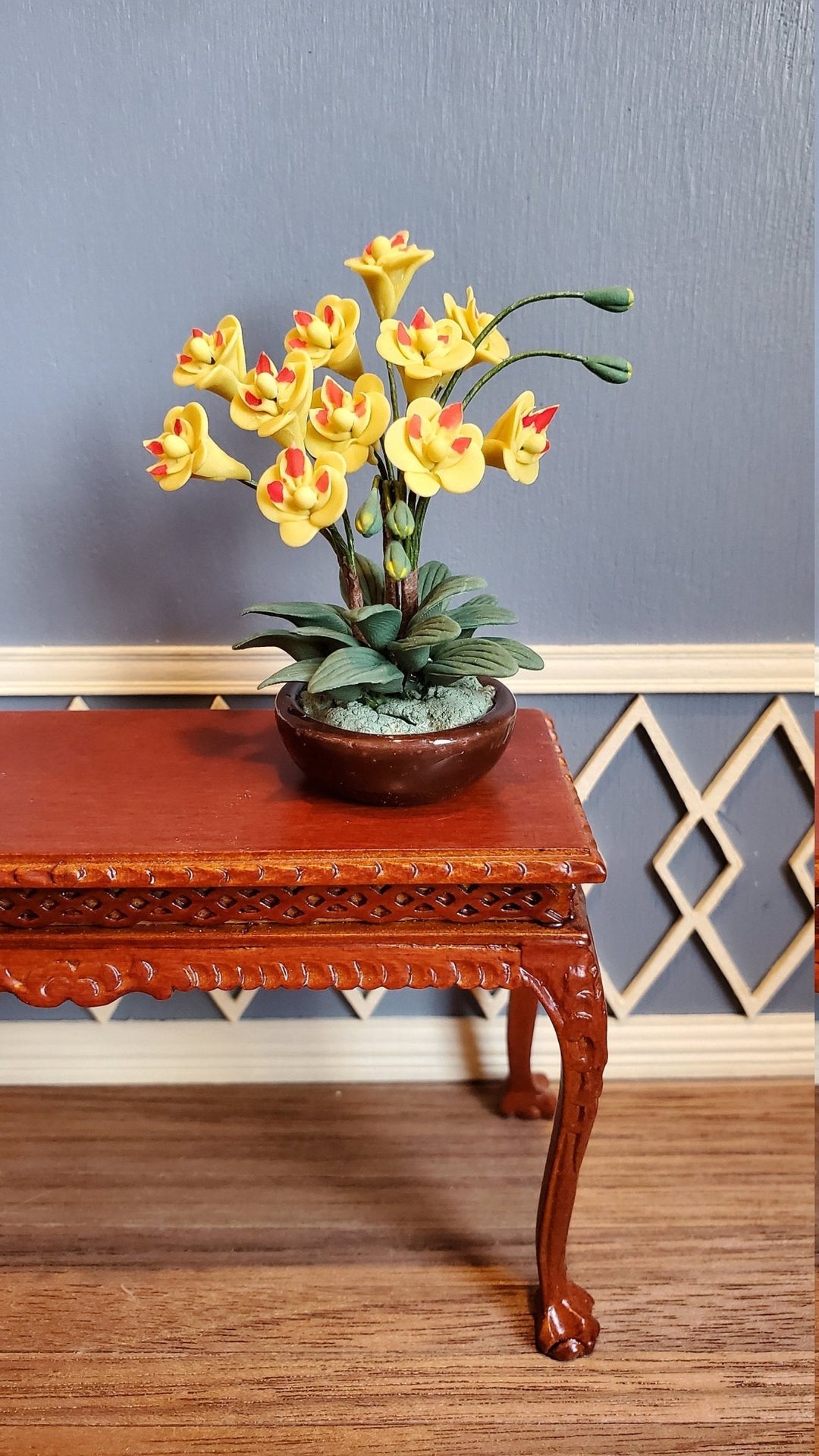 Dollhouse Miniature Potted Orchid Yellow Flowering Plant in Pot 1:12 Scale - Miniature Crush