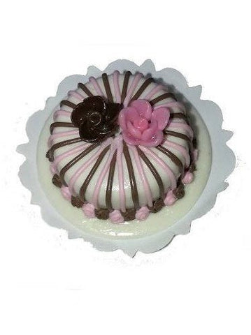 Dollhouse Miniature Round Cake with Flowers 1:12 Scale Pink & Chocolate Striped - Miniature Crush