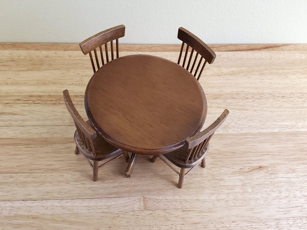 Dollhouse Miniature Round Table & Chairs Set Walnut Finish 1:12 Scale Kitchen - Miniature Crush