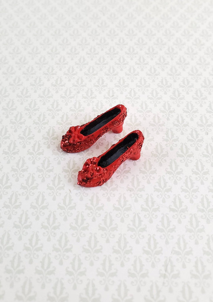 Dollhouse Miniature Ruby Red Shoes Slippers with Bow & Glitter 1:12 Scale - Miniature Crush