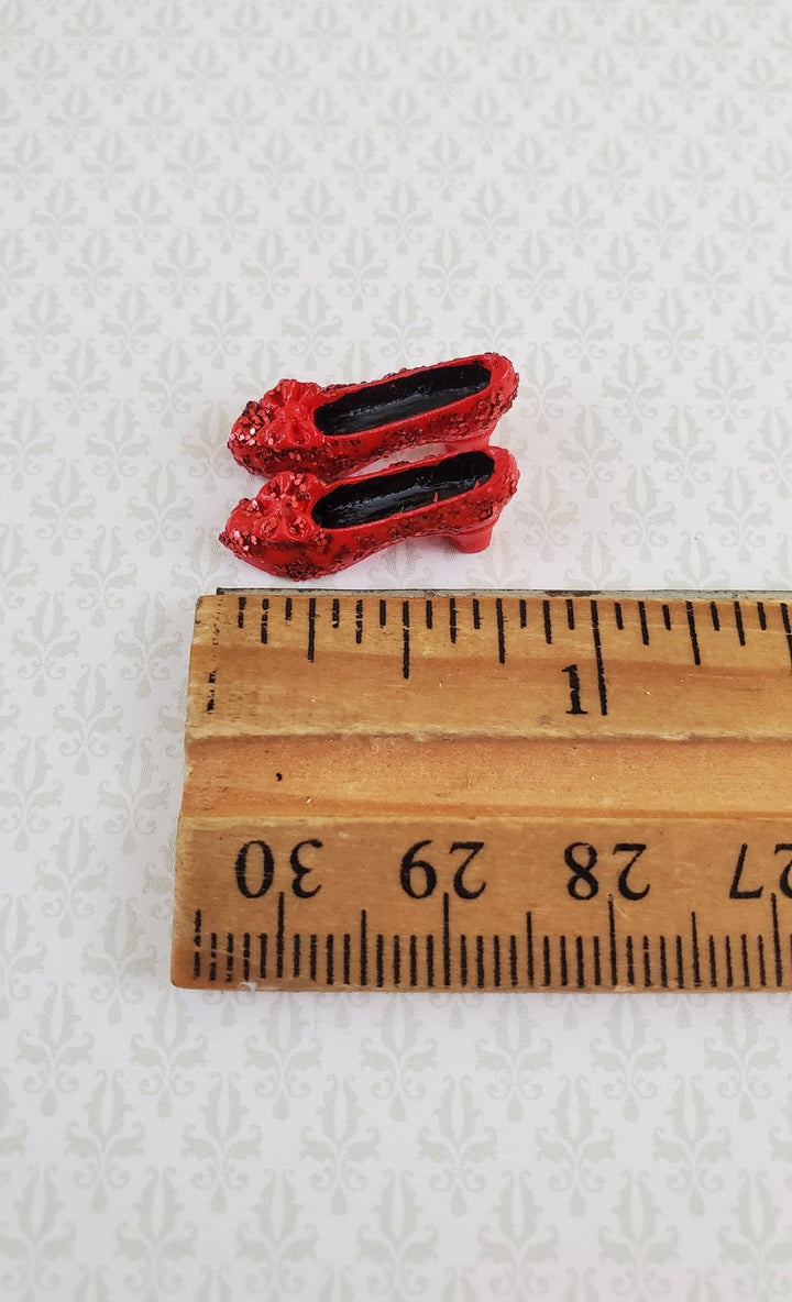Dollhouse Miniature Ruby Red Shoes Slippers with Bow & Glitter 1:12 Scale - Miniature Crush