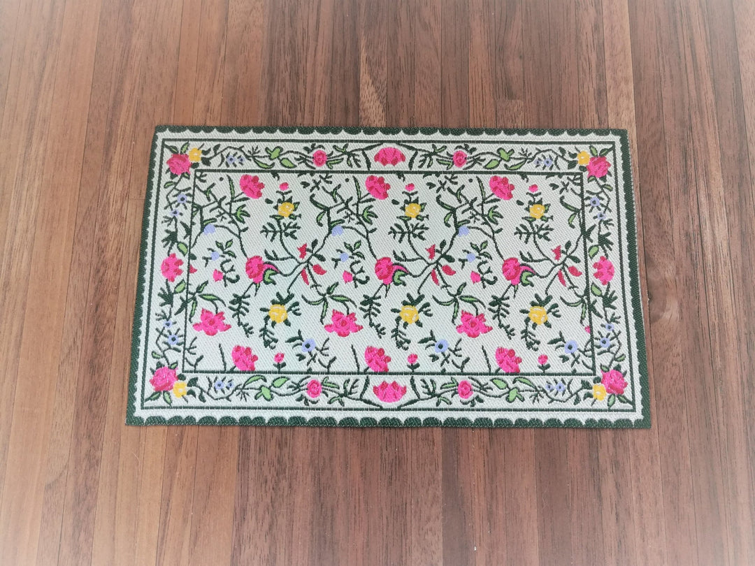Dollhouse Miniature Rug Floral and Ivy 6 1/2" x 3 7/8" 1:12 Scale Green Cream Pink Yellow - Miniature Crush
