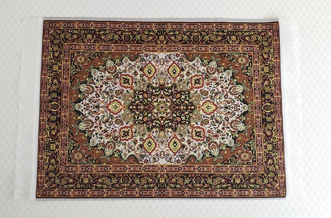 Dollhouse Miniature Rug Large Gold & Green with Fringe Full Room Carpet 1:12 Scale - Miniature Crush