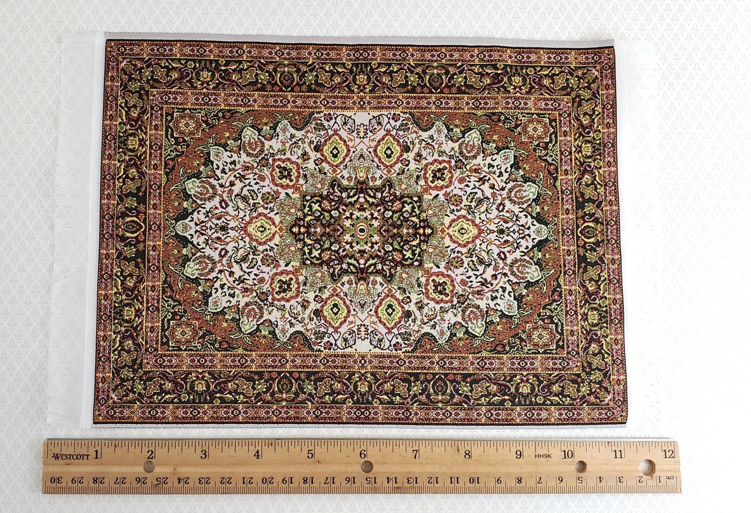 Dollhouse Miniature Rug Large Gold & Green with Fringe Full Room Carpet 1:12 Scale - Miniature Crush