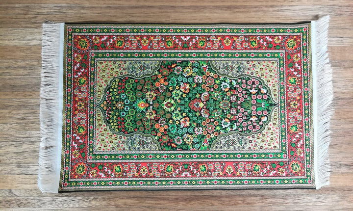 Dollhouse Miniature Rug Large Green Red Gold 9" x 6" with Fringe 1:12 Scale - Miniature Crush
