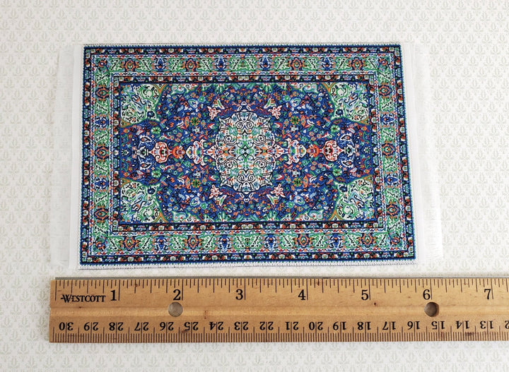 Dollhouse Miniature Rug Small Blue Green 6 1/4" x 3 3/4" with Fringe 1:12 Scale - Miniature Crush