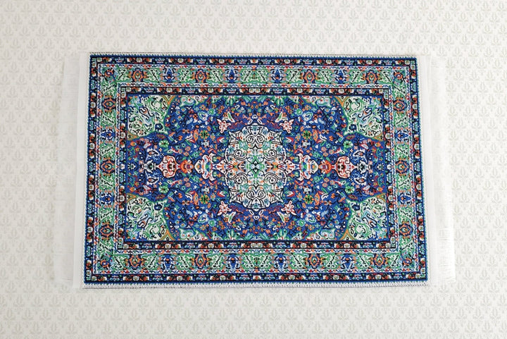 Dollhouse Miniature Rug Small Blue Green 6 1/4" x 3 3/4" with Fringe 1:12 Scale - Miniature Crush