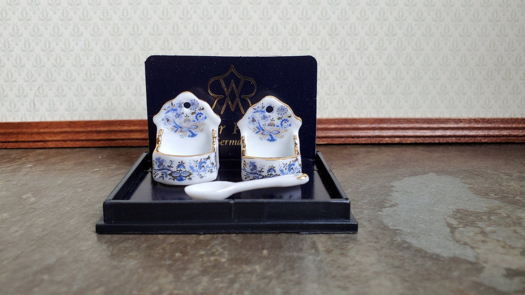 Dollhouse Miniature Salt Cellars Reutter Porcelain 1:12 Scale Blue White Gold - Miniature Crush