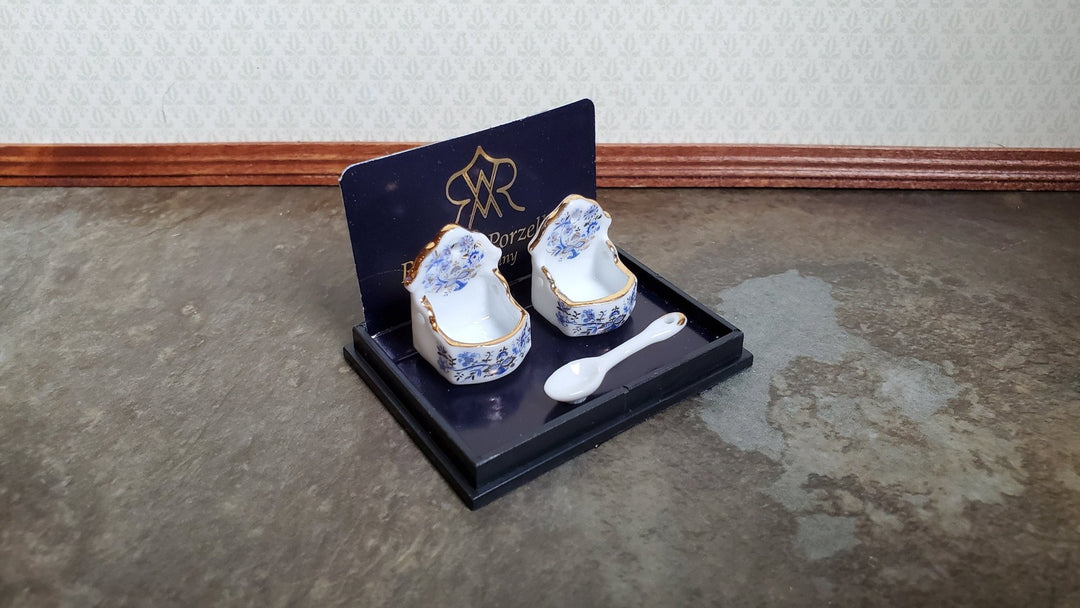 Dollhouse Miniature Salt Cellars Reutter Porcelain 1:12 Scale Blue White Gold - Miniature Crush