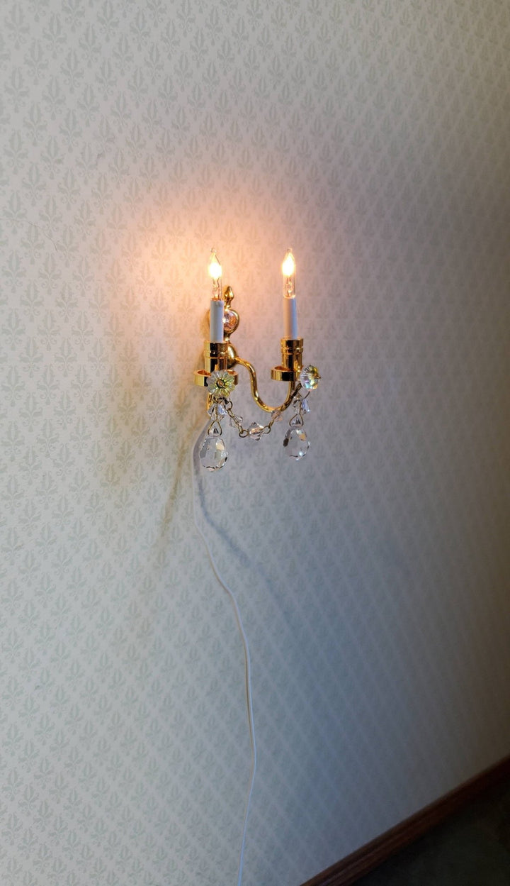 Dollhouse Miniature Sconce Double Candle with Crystals 12 Volt 1:12 - Miniature Crush