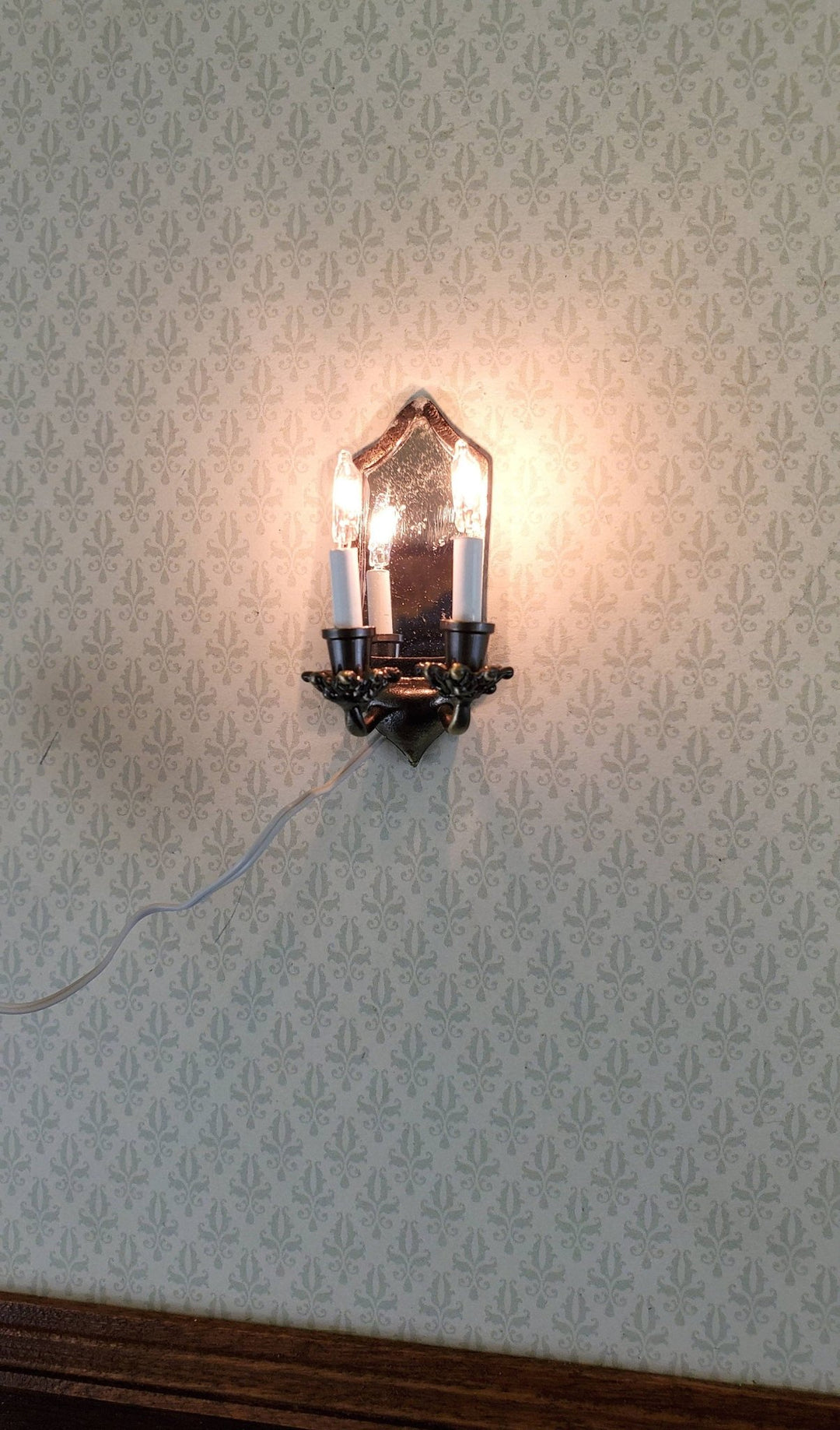 Dollhouse Miniature Sconce Double Candle with Mirror Bronze 12 Volt 1:12 Tudor Victorian - Miniature Crush