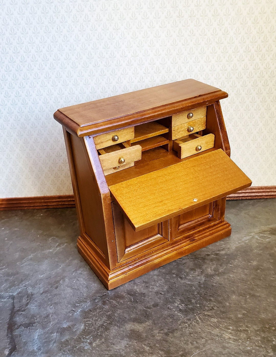 Dollhouse Miniature Secretary Writing Desk with Drawer Walnut Finish 1:12 Scale Furniture - Miniature Crush