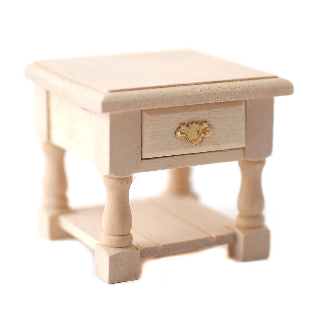 Dollhouse Miniature Side Table or Night Stand with Drawer Unpainted Wood Tudor Style 1:12 Scale Wood - Miniature Crush