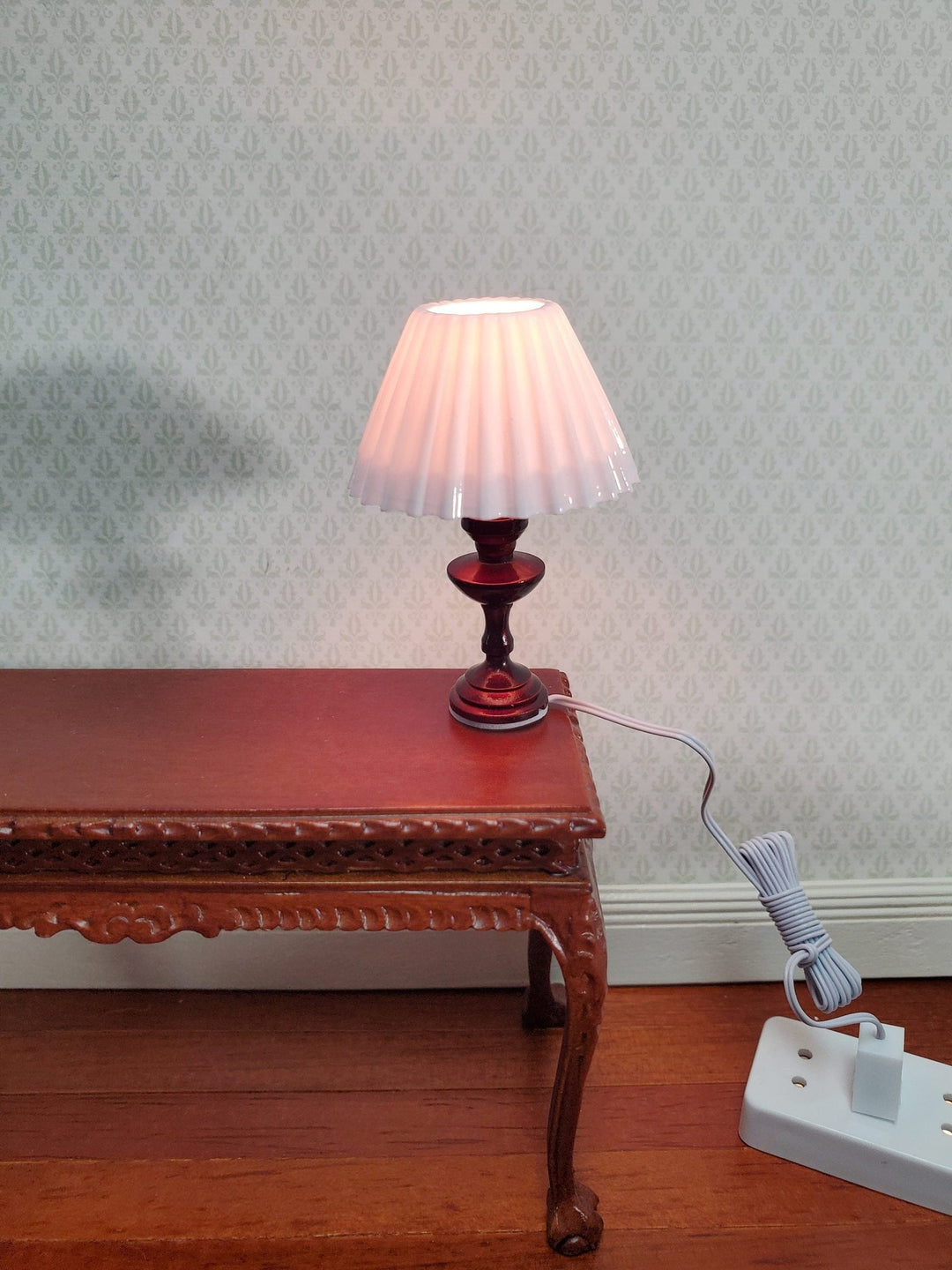 Dollhouse Miniature Table Lamp White Shade Bronze Base 1:12 Scale 12 volt with Plug - Miniature Crush