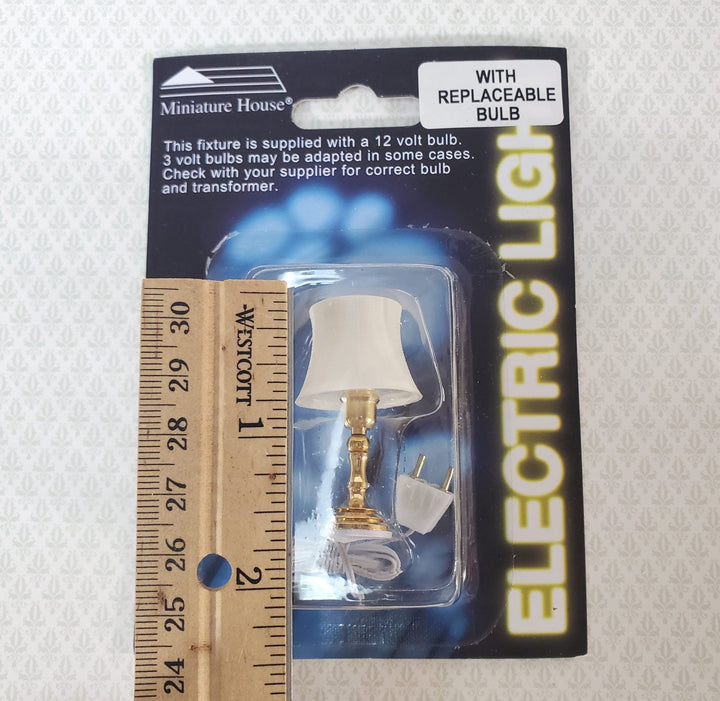 Dollhouse Miniature Table Lamp White Shade Gold Base 1:12 Scale 12 volt with Plug - Miniature Crush