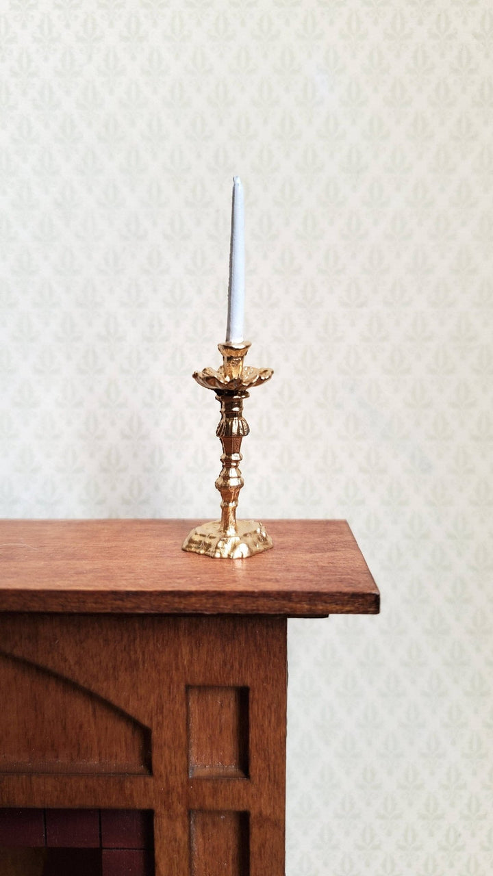 Dollhouse Miniature Tall Gold Candlestick Holder with White Candle 1:12 Scale Metal - Miniature Crush