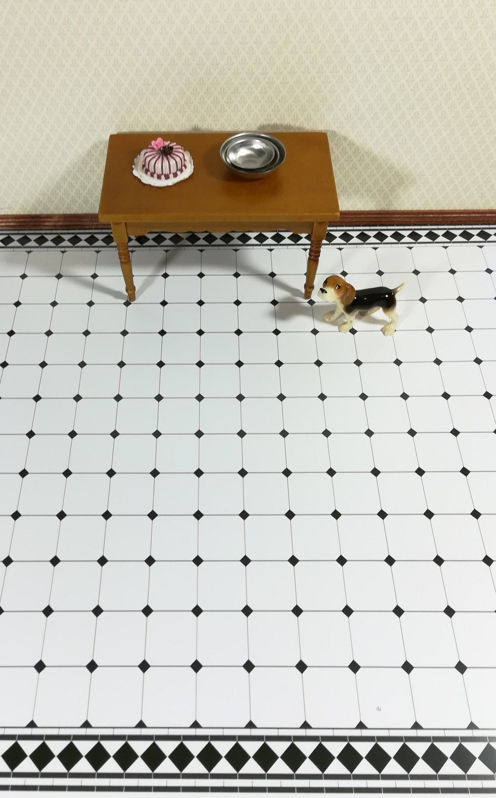 Dollhouse Miniature Tile Flooring White with Black Diamonds Glossy Sheet 1:12 Scale - Miniature Crush