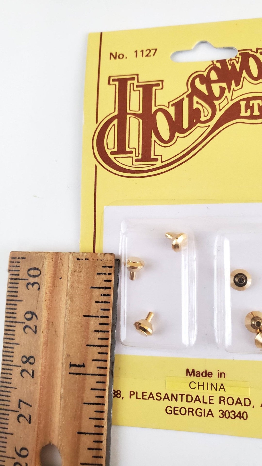 Dollhouse Miniature Tiny Gold Brass Knobs for Door or Drawer Pulls Set of 6 1:12 Scale Houseworks #1127 - Miniature Crush