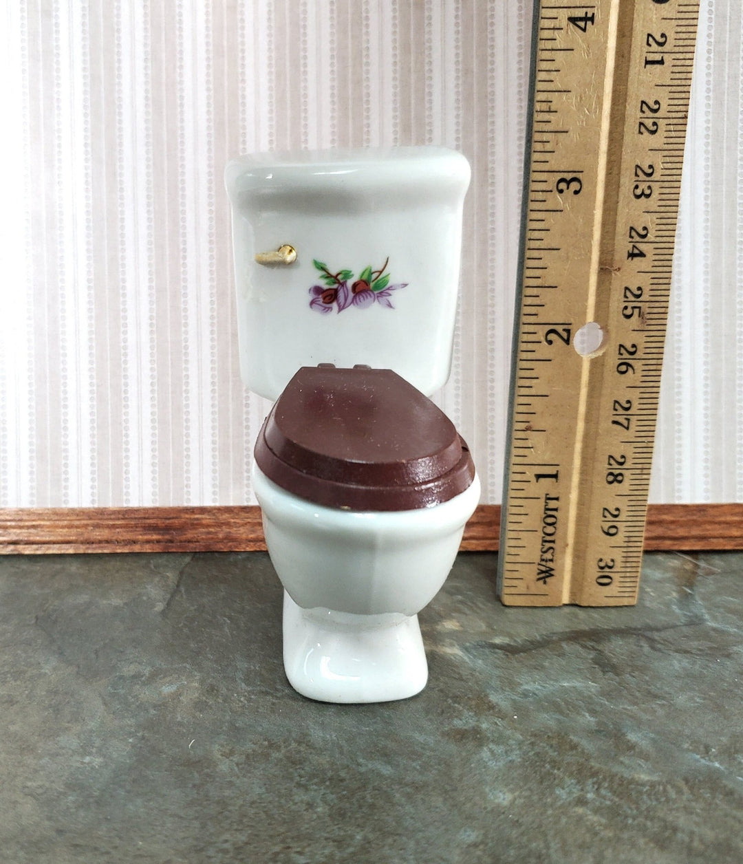 Dollhouse Miniature Toilet Plain White with Purple Flowers Ceramic for Bathroom 1:12 Scale - Miniature Crush