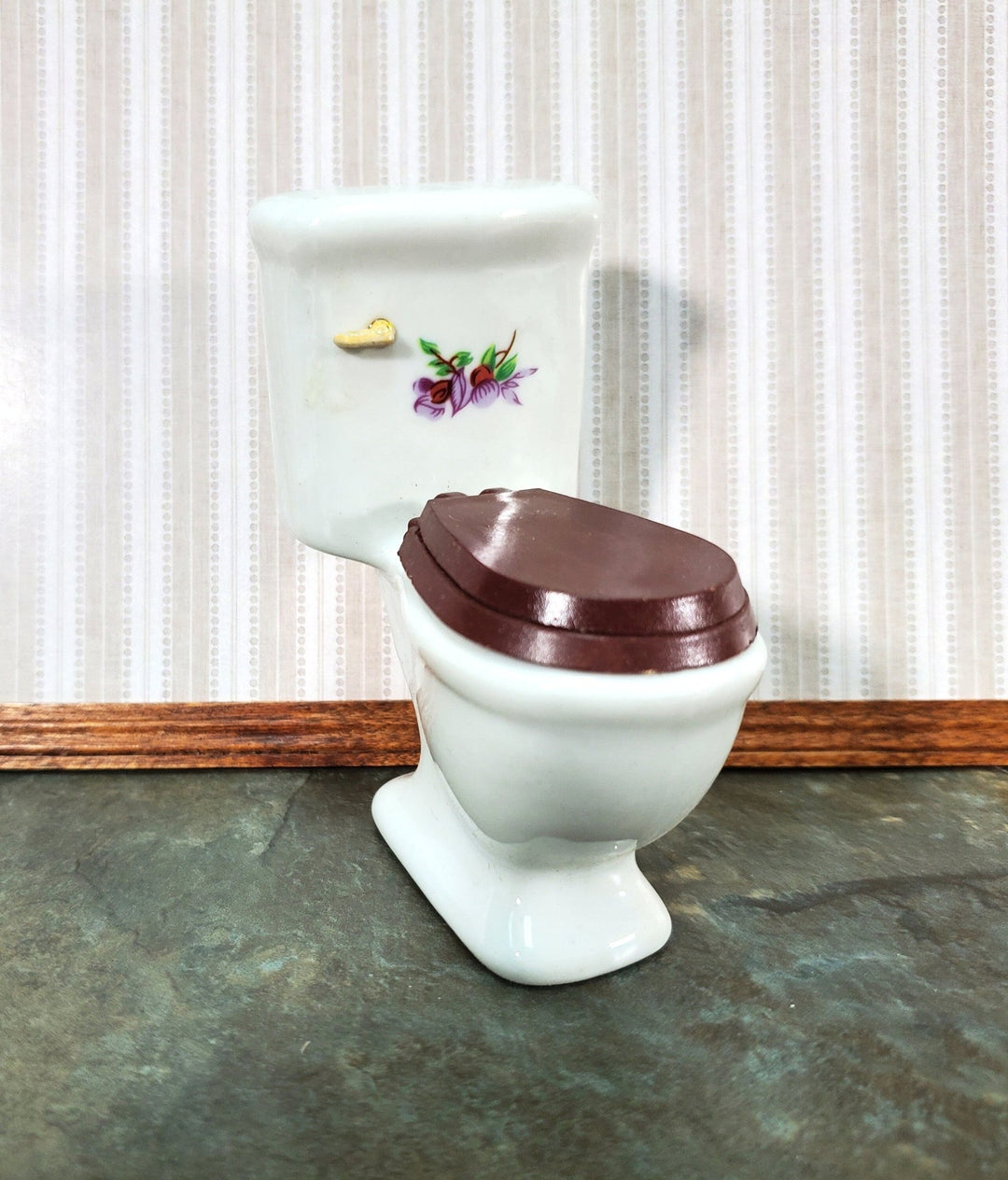 Dollhouse Miniature Toilet Plain White with Purple Flowers Ceramic for Bathroom 1:12 Scale - Miniature Crush
