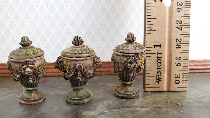 Dollhouse Miniature Urns Lion Head Classical with Lids Resin x3 1:12 Scale Bronze w/Moss - Miniature Crush