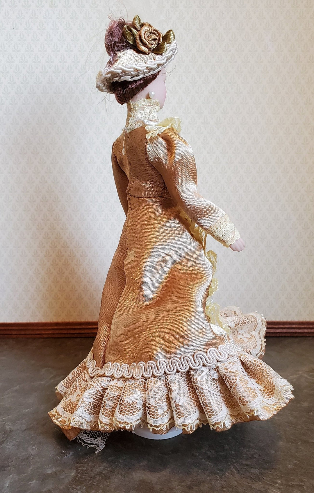 Dollhouse Miniature Victorian Doll Porcelain Fancy Lace Dress and Hat 1:12 Scale - Miniature Crush