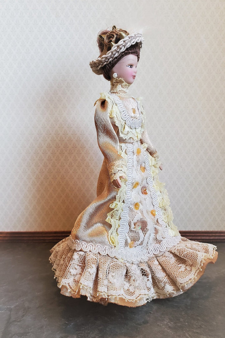 Dollhouse Miniature Victorian Doll Porcelain Fancy Lace Dress and Hat 1:12 Scale - Miniature Crush