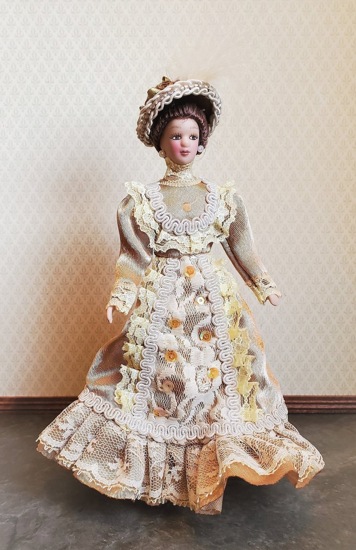 Dollhouse Miniature Victorian Doll Porcelain Fancy Lace Dress and Hat 1:12 Scale