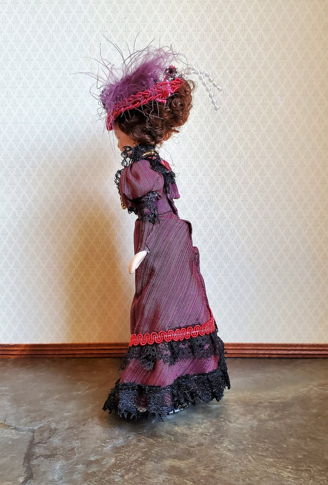 Dollhouse Miniature Victorian Doll Porcelain Fancy Maroon Dress and Hat 1:12 Scale - Miniature Crush