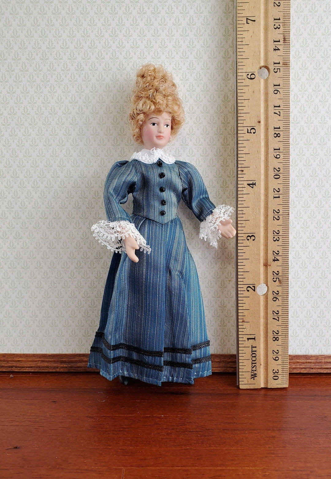 Dollhouse Miniature Victorian Doll Porcelain Poseable Blue Green Dress Lace 1:12 Scale - Miniature Crush