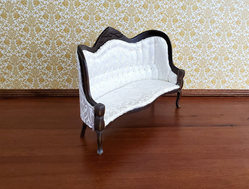 Dollhouse Miniature Victorian Sofa Couch White 1:12 Scale Dark Walnut Finish - Miniature Crush