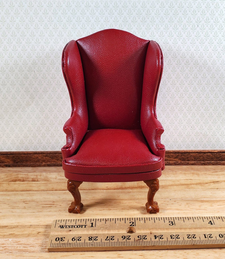 Dollhouse Miniature Wing Back Arm Chair Dark Red 1:12 Scale Furniture Faux Leather - Miniature Crush