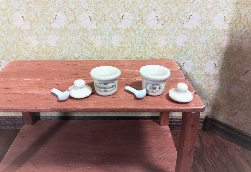 Dollhouse Miniature x2 Jars Jam & Marmalade Ceramic Removable Lids Scoops 1:12 Scale - Miniature Crush