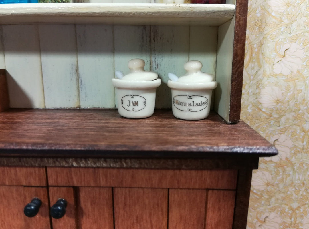 Dollhouse Miniature x2 Jars Jam & Marmalade Ceramic Removable Lids Scoops 1:12 Scale - Miniature Crush