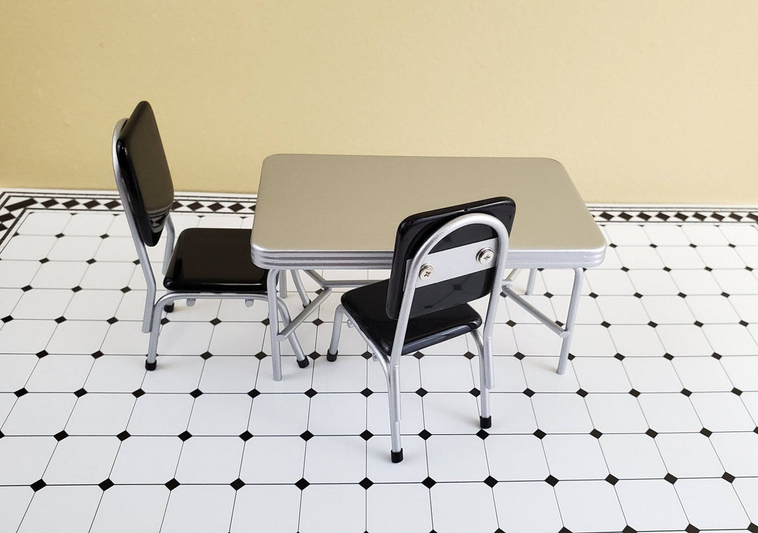 Dollhouse Miniatures 1950s Style Kitchen Table with 2 Black Chairs 1:12 Scale - Miniature Crush