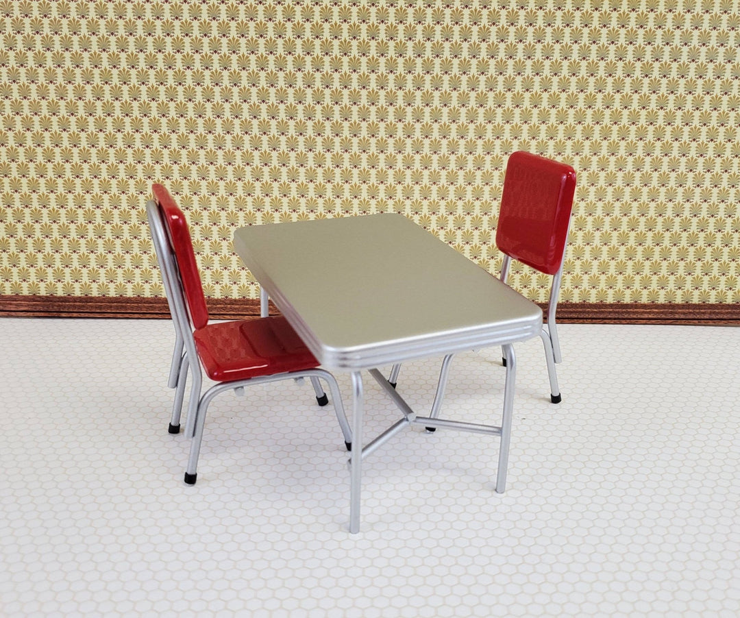 Dollhouse Miniatures 1950s Style Kitchen Table with 2 Red Chairs 1:12 Scale - Miniature Crush