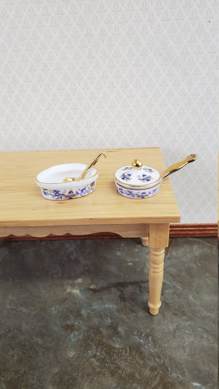 Dollhouse Miniatures Pan & Soup Tureen Dishes Reutter Porcelain 1:12 Scale Blue White - Miniature Crush