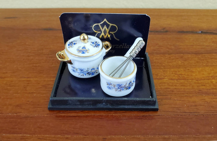 Dollhouse Miniatures Sauce Pan, Whisk & Pot Dishes Reutter Porcelain 1:12 Scale Blue White - Miniature Crush