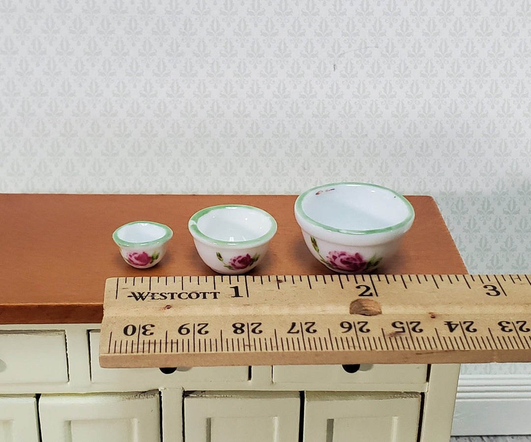 Dollhouse Mixing Bowls Set of 3 Nesting Ceramic White Green Pink 1:12 Scale Miniature Kitchen - Miniature Crush
