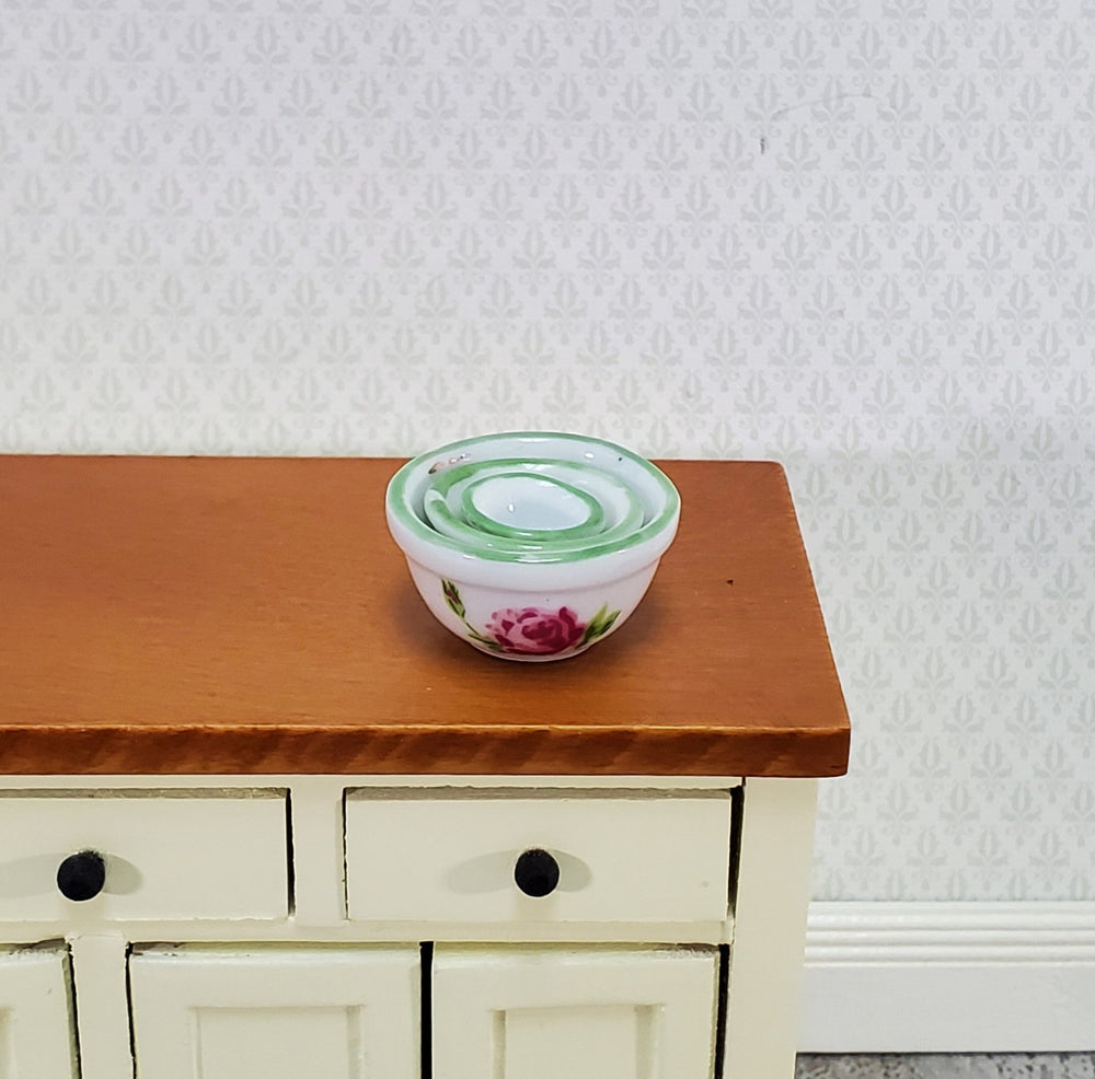 Dollhouse Mixing Bowls Set of 3 Nesting Ceramic White Green Pink 1:12 Scale Miniature Kitchen - Miniature Crush