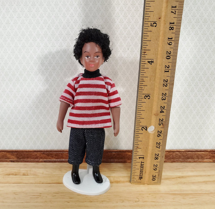 Dollhouse Modern Boy Black Brown Doll Male Son Brother Porcelain Poseable 1:12 Scale Miniature - Miniature Crush