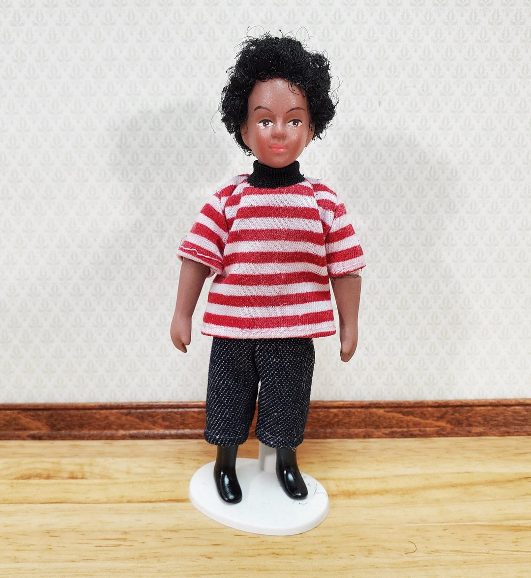 Dollhouse Modern Boy Black Brown Doll Male Son Brother Porcelain Poseable 1:12 Scale Miniature - Miniature Crush