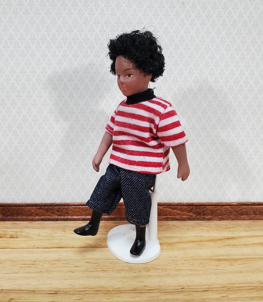 Dollhouse Modern Boy Black Brown Doll Male Son Brother Porcelain Poseable 1:12 Scale Miniature - Miniature Crush