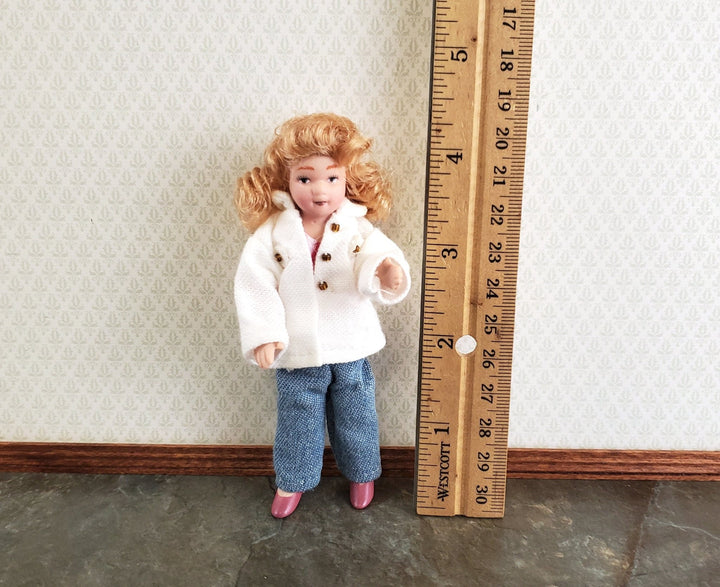Dollhouse Modern Girl Doll Curly Hair Porcelain Poseable 1:12 Scale Miniature White Jacket Jeans - Miniature Crush