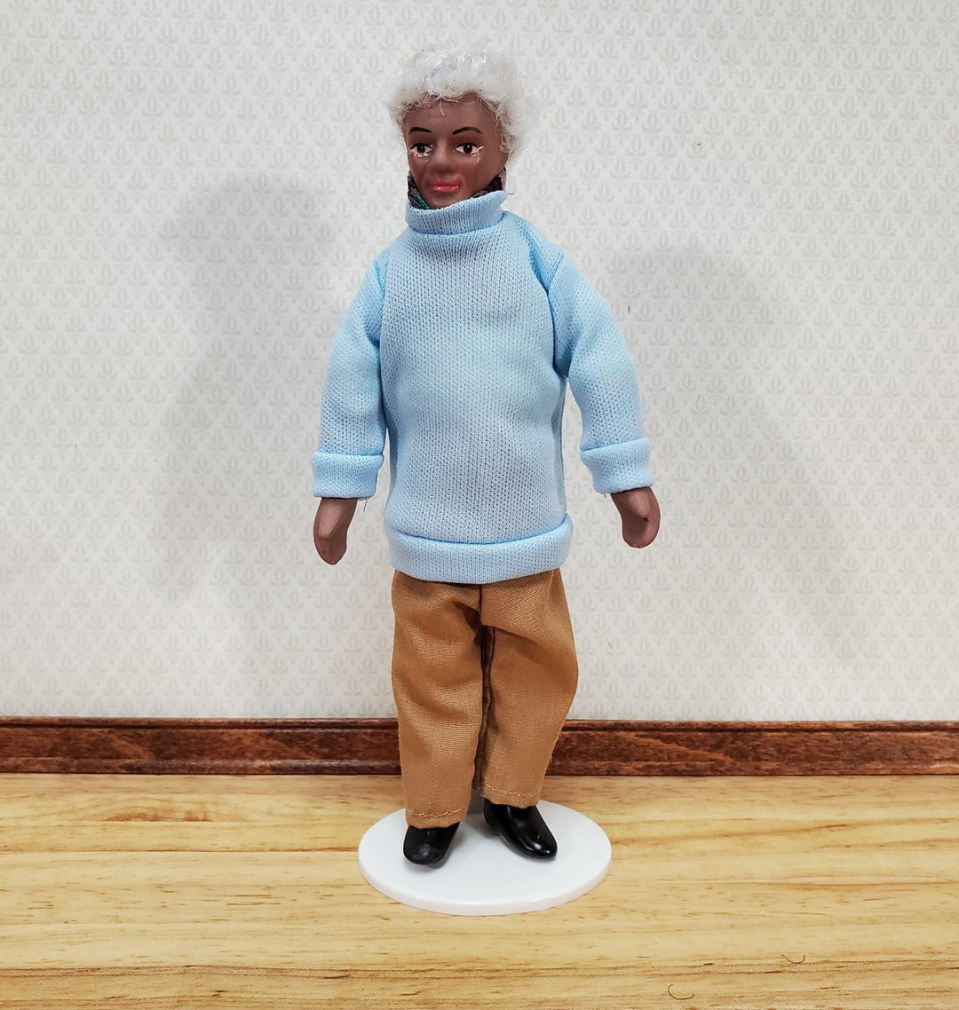Dollhouse Modern Grandpa Black Brown Doll Grandfather Male Porcelain Poseable 1:12 Scale Miniature - Miniature Crush