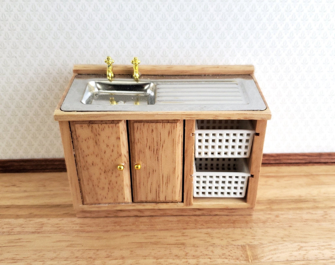 Dollhouse Modern Kitchen Sink Cabinet with Baskets Light Oak 1:12 Scale Miniature - Miniature Crush