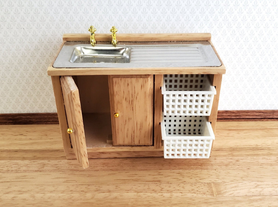 Dollhouse Modern Kitchen Sink Cabinet with Baskets Light Oak 1:12 Scale Miniature - Miniature Crush