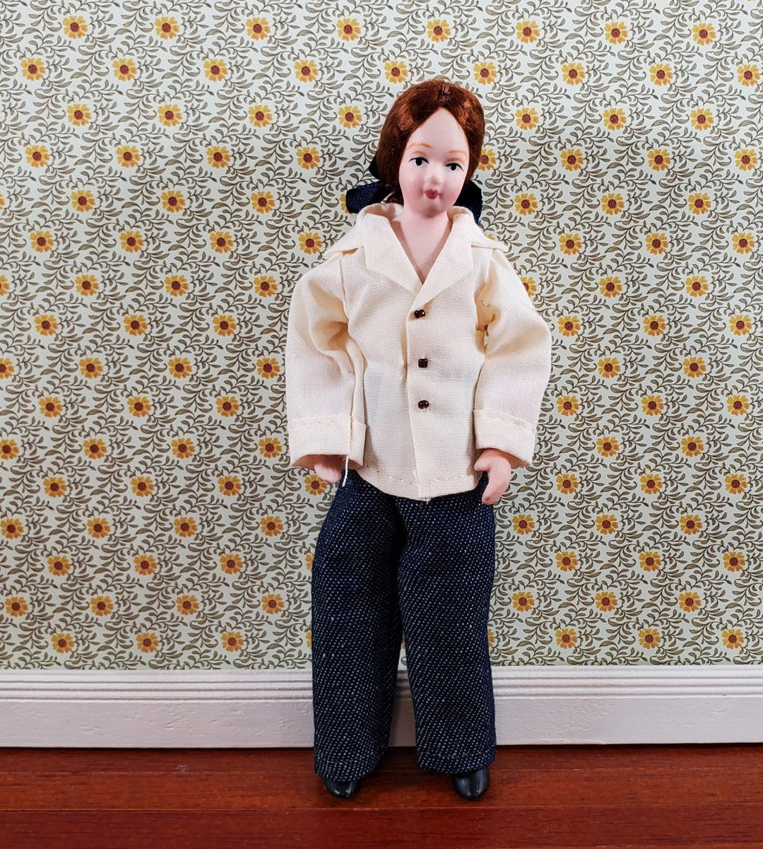 Dollhouse Modern Woman Doll Mom Porcelain Poseable 1:12 Scale White Jacket Jeans - Miniature Crush