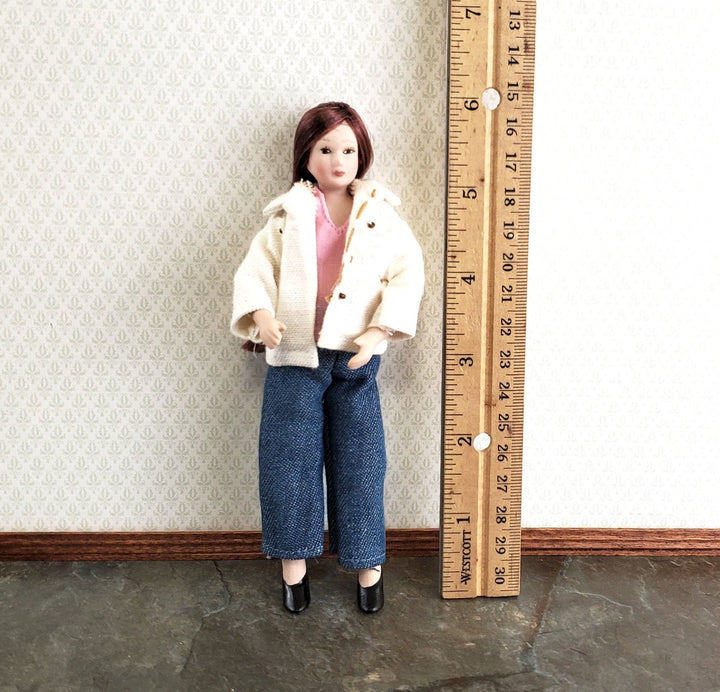 Dollhouse Modern Woman Doll Mother Porcelain Poseable 1:12 Scale White Jacket Jeans - Miniature Crush
