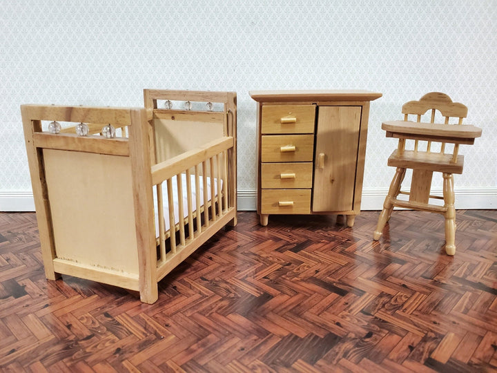 Dollhouse Nursery Room Set Crib High Chair Wardrobe 1:12 Scale Miniatures Light Oak - Miniature Crush